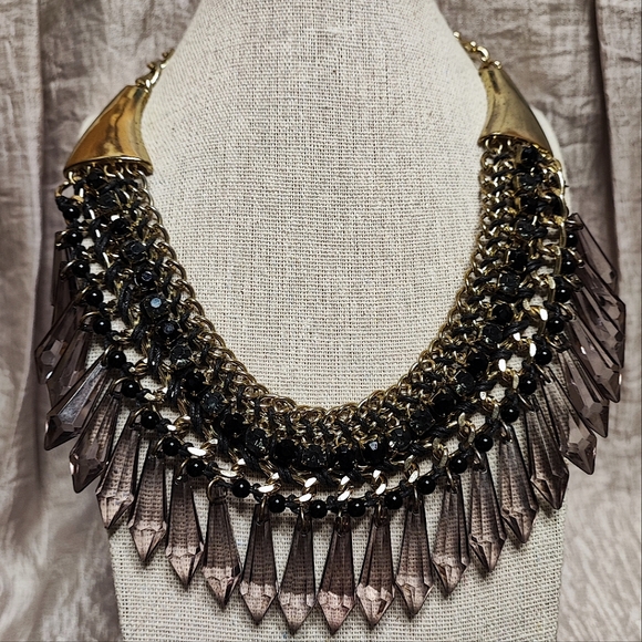 Smoke Acrylic Plastic Faceted Teardrop Black Prong Set Gold Rhinestone Necklace - Picture 2 of 13
